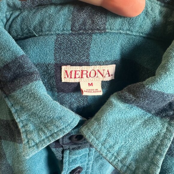 Merona Casual Button Down Mens Medium Blue Plaid Rugged Flannel Shirt - Picture 6 of 6